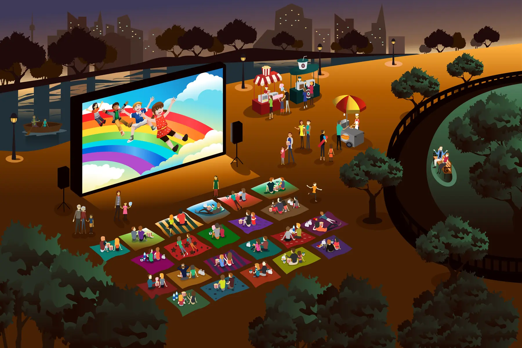 Families on picnic blankets watching a bright outdoor movie screen in a city park at dusk, with popcorn and food carts nearby