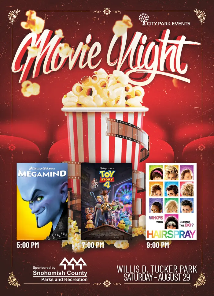 Movie Night poster for a triple feature of Megamind, Toy Story 4 and Hairspray at Willis D. Tucker Park, sponsored by Snohomish County Parks and Recreation